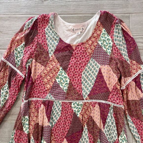 Nanette Lepore Womens Multicolor Patchwork Long Sleeve Boho Dress Size 10 - Picture 2 of 8
